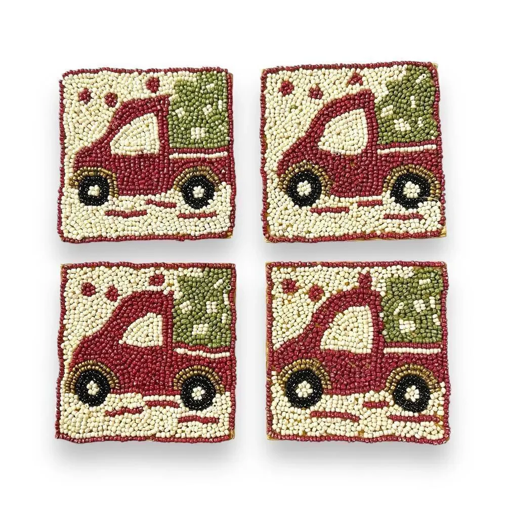 Pier 1 Imports Beaded Coasters Red Truck Christmas Set of 4 Pier 1 Velvet Bag